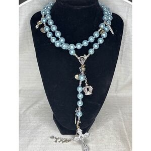 Blue Pearl Religious Rosary Necklace Charm Accents Mother Pray Crown Cross Angel